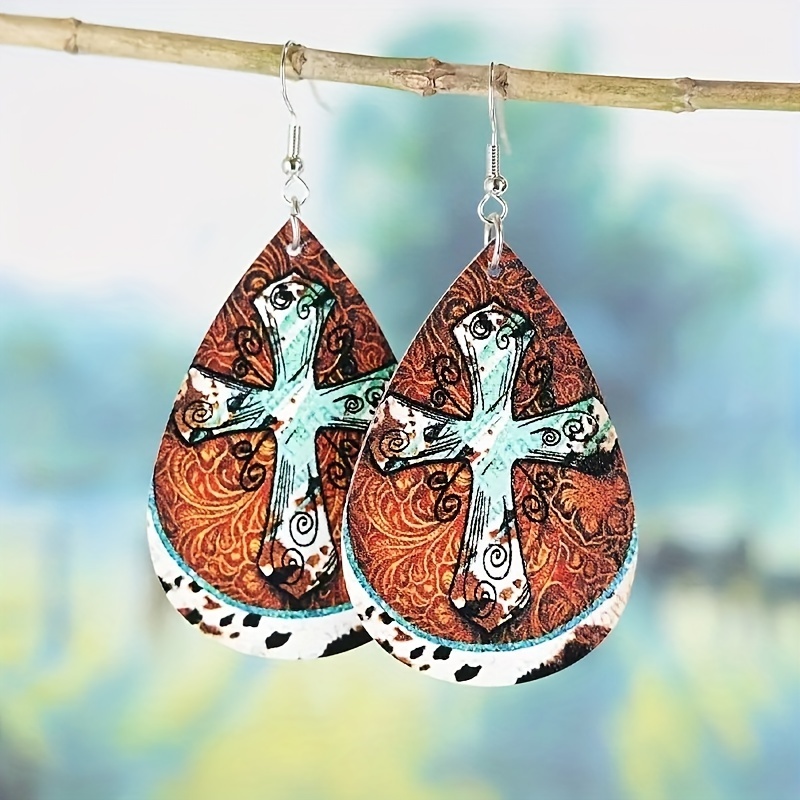 Retro Antique Style Cross PU Leather Earrings Double sided Jewelry
